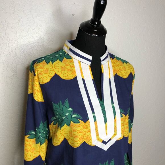 Tracy Negoshian Abby Pineapple Stripes navy yellow tunic top size Medium NWT - Picture 2 of 13